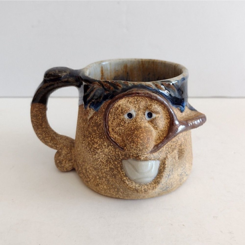 Vintage Studio Art Pottery Ugly Face Coffee Mug Man Tennis Racket Ball In Mouth
